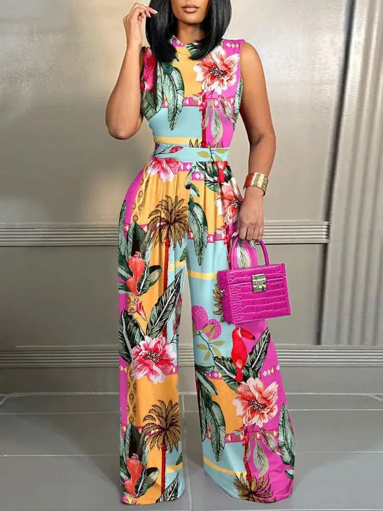 Thumbnail: Elegant Women Wide Leg Long Juumpsuit 2024 Spring Summer Fashion Printed