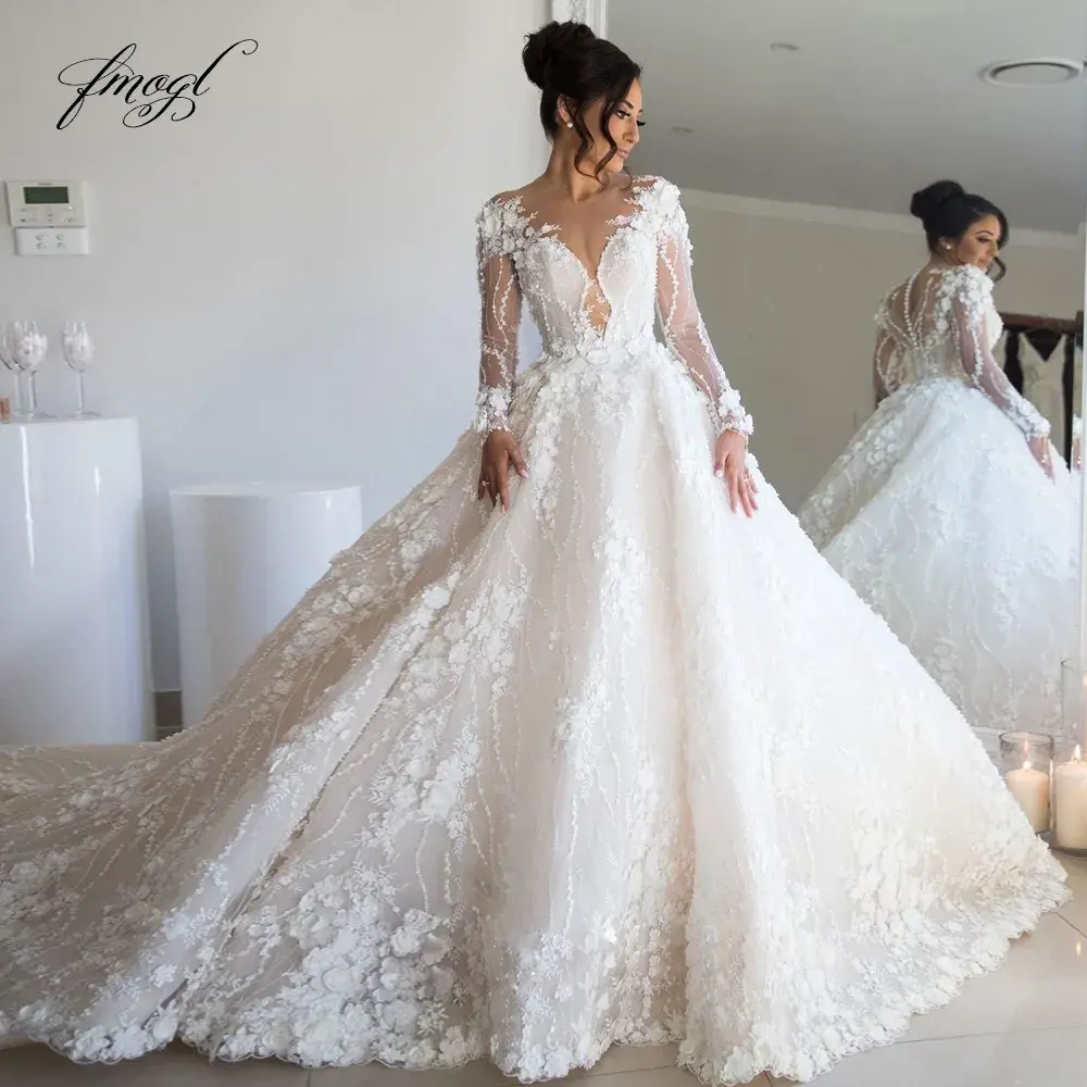 Customized Sexy Sweetheart Long Sleeve Lace Ball Gown Wedding Dresses Luxury