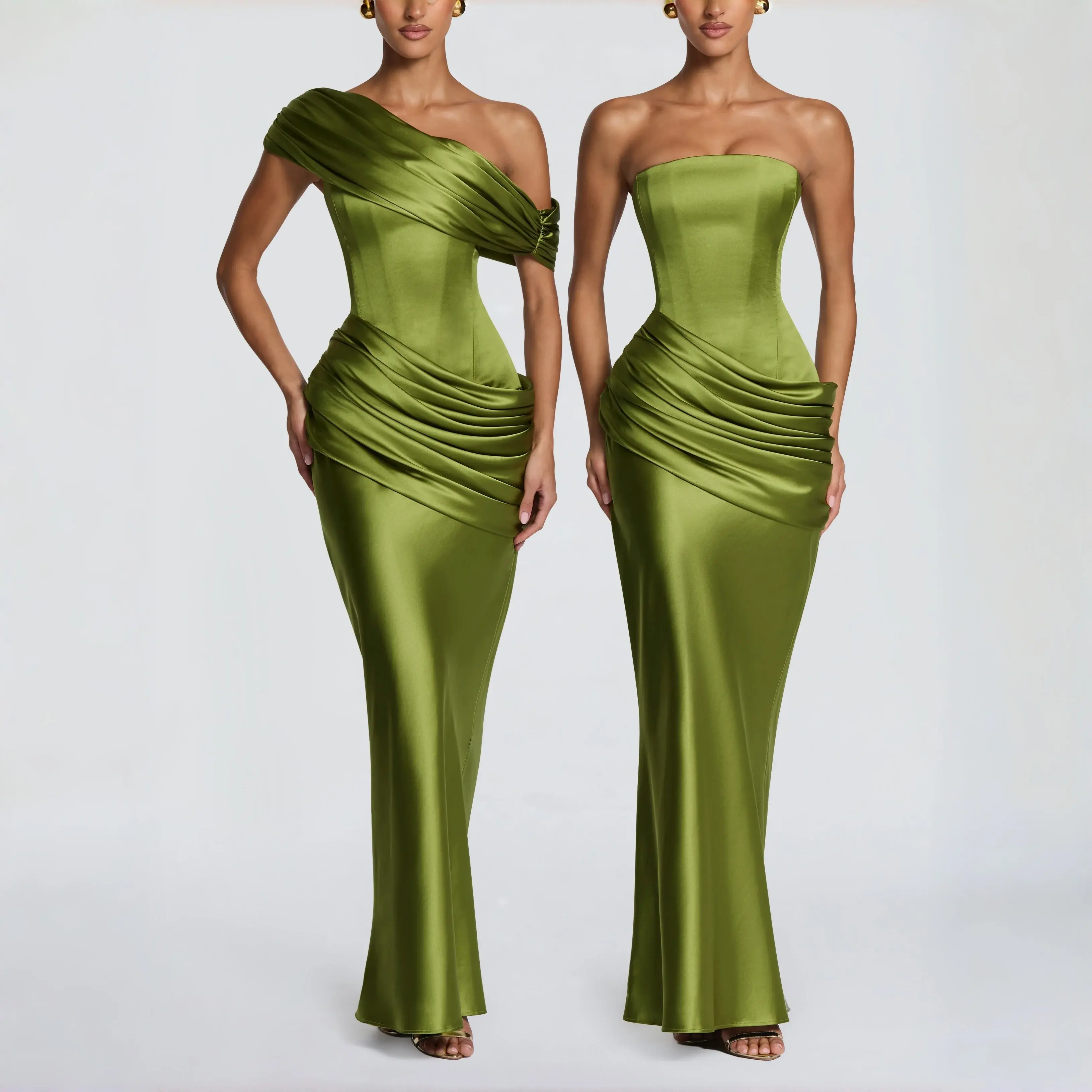 Detachable Off Shoulder Satin Corset Mermaid Gown,Waist Ruched Lace Up Back