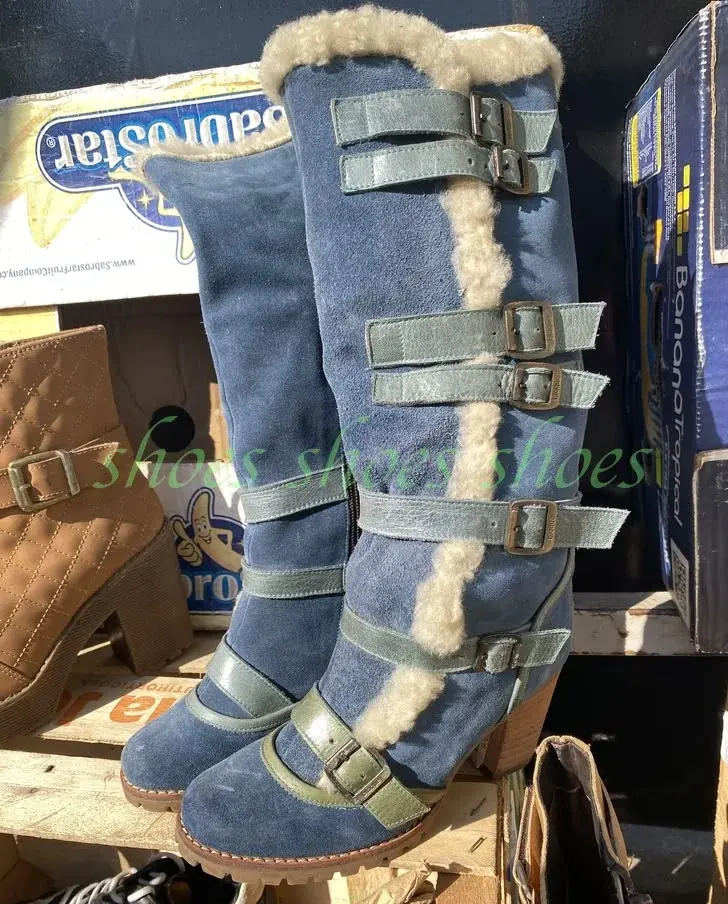 Women Blue Suede Multi Metal Buckle Knee High Boots Sherpa Fleece Fold Top