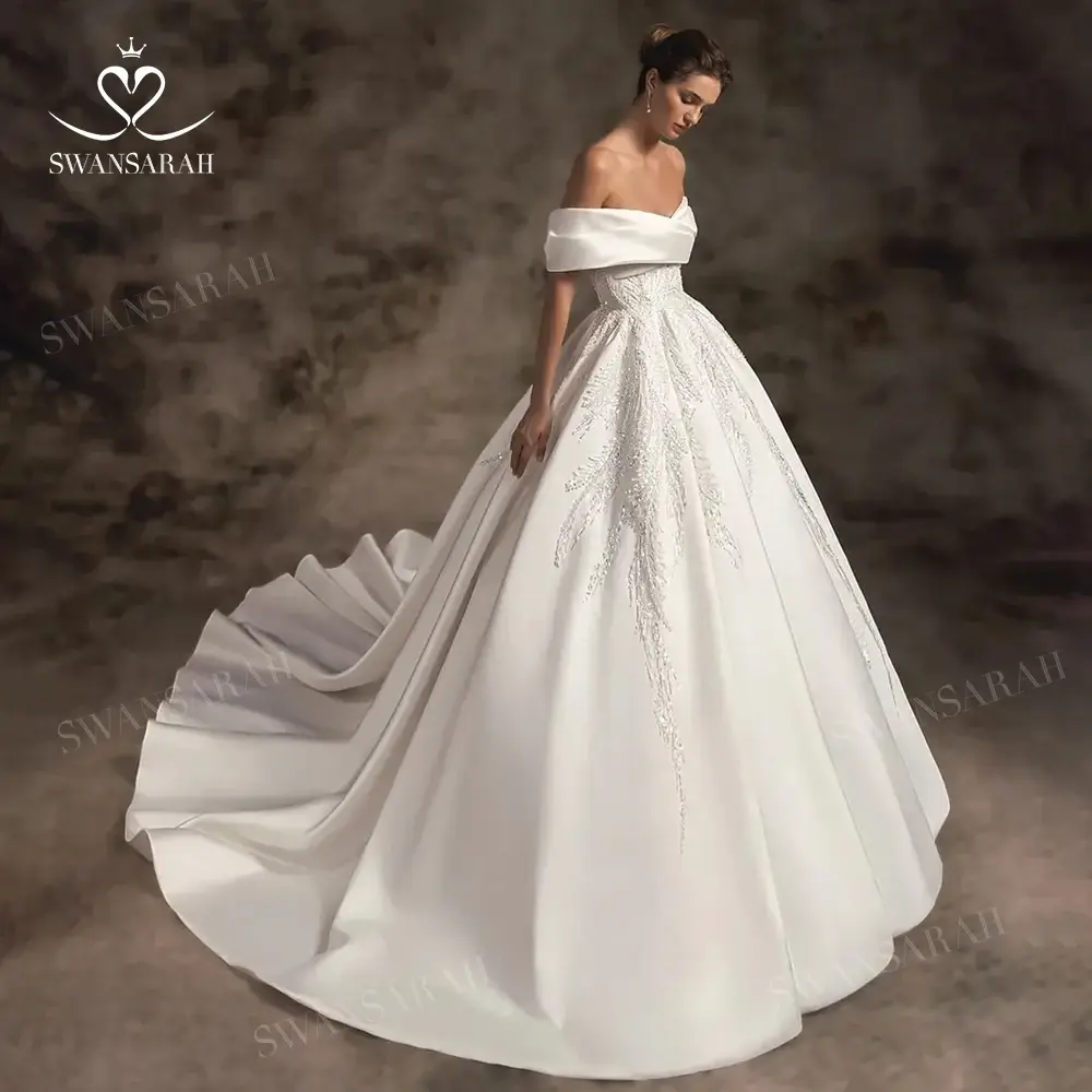 Off Shoulder Wedding Dress 2027 Satin Beading A-Line Court Train Princess Bride