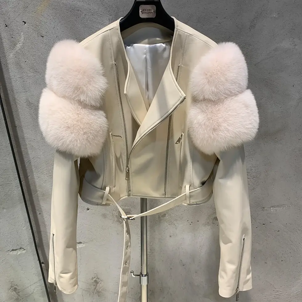 Thumbnail: Leather Jacket Factory Ladies Short Leather Jacket Real Fox Fur Sleeve Coat
