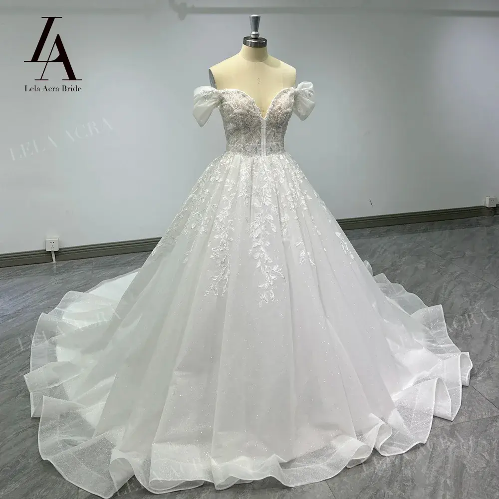 LelaAcra Off the Shoulder Wedding Dress 2026 Sweetheart Shiny Court Train