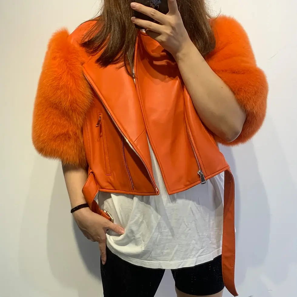 Thumbnail: Leather Fur Jacket Natural Fur Sleeve Ladies Short Leather Jacket Real Fox Fur
