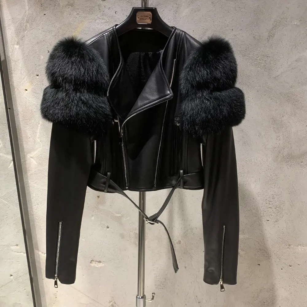 Leather Jacket Factory Ladies Short Leather Jacket Real Fox Fur Sleeve Coat