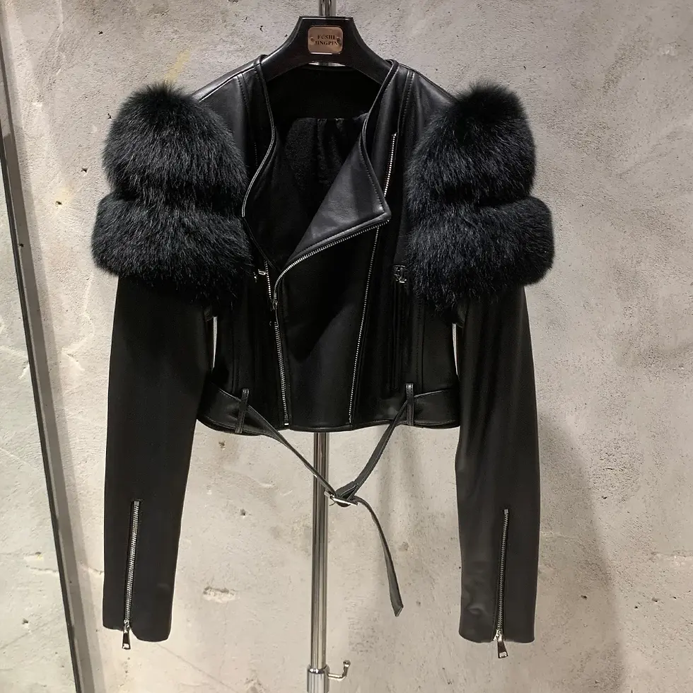 Thumbnail: Leather Jacket Factory Ladies Short Leather Jacket Real Fox Fur Sleeve Coat
