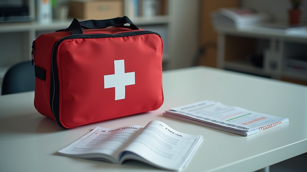 Close-up view of a first aid kit and training materials on a table