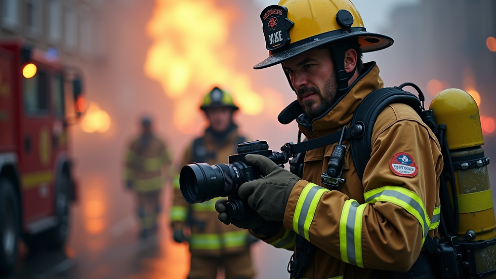 Close-up view of firefighter training session with instructor demonstrating equipment