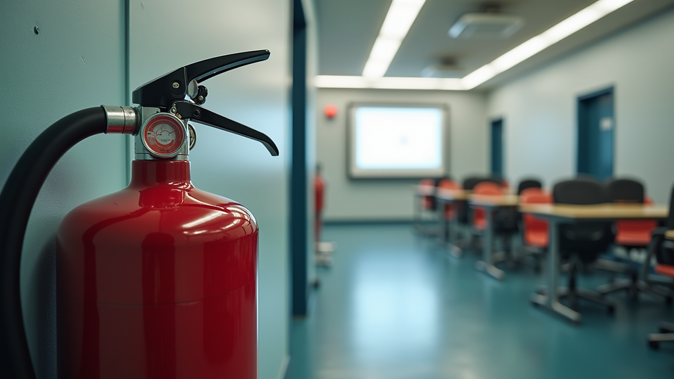 Eye-level view of a fire extinguisher mounted on a wall in a training room