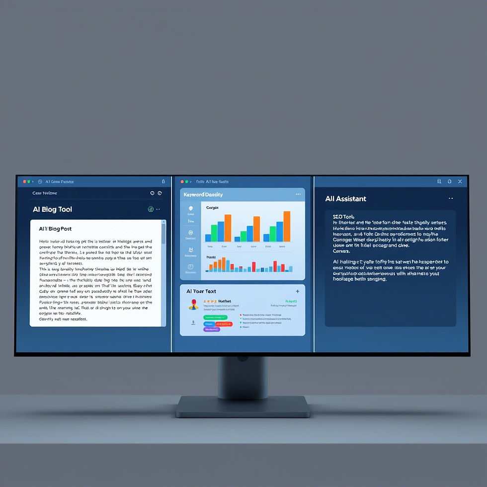  AI tools generating content, with one drafting a blog post, another analyzing SEO, and another improving readability.