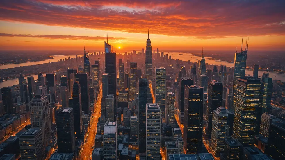 Close-up view of a vibrant sunset over a digital skyline
