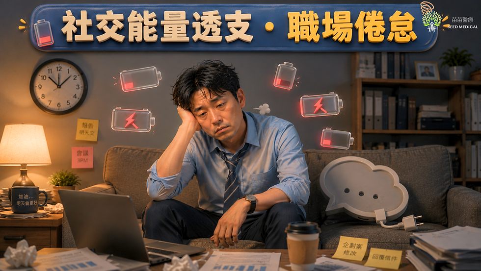 成人AuDHD職場表現示意圖，上班族出現社交能量透支、低電量和溝通斷線感
