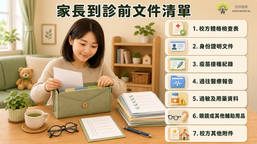 家長整理入學體格檢查所需文件,包括校方表格、身份證明、疫苗紀錄、醫療報告、過敏用藥資料及其他附件