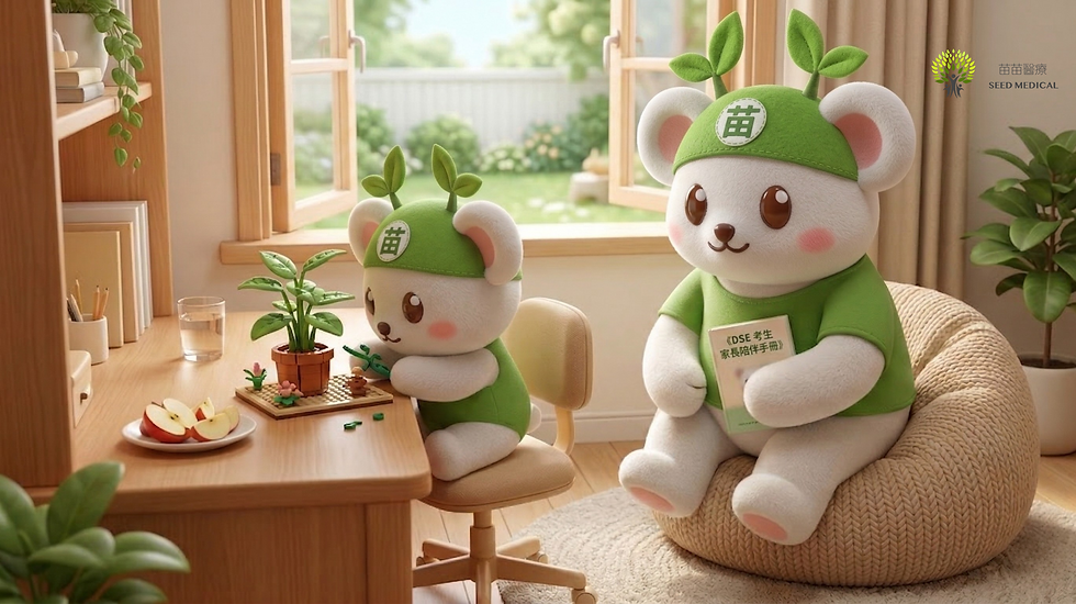 家長陪伴DSE學生溫習，放下暖水與水果，象徵支持與溝通，幫助減輕學生壓力與焦慮
