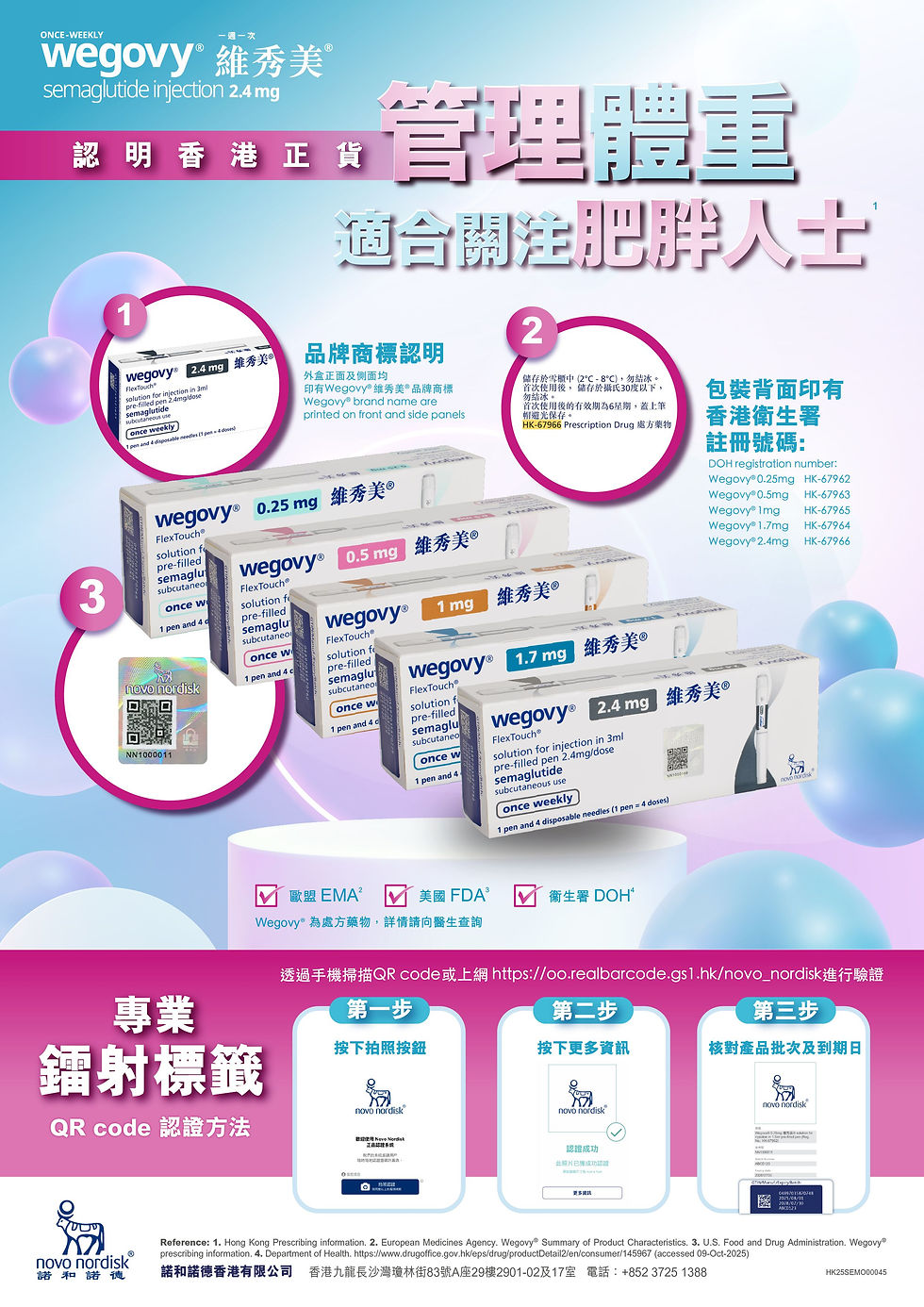 Wegovy 維秀美香港正貨辨認方法,包括品牌商標、香港衛生署註冊編號及 QR Code 防偽標籤
