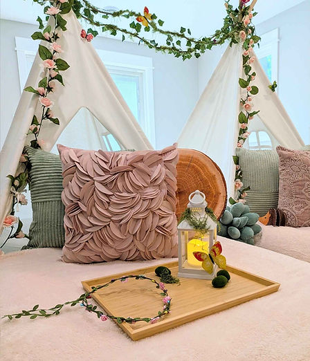 Indoor teepee tent with full-service setups for sleepovers