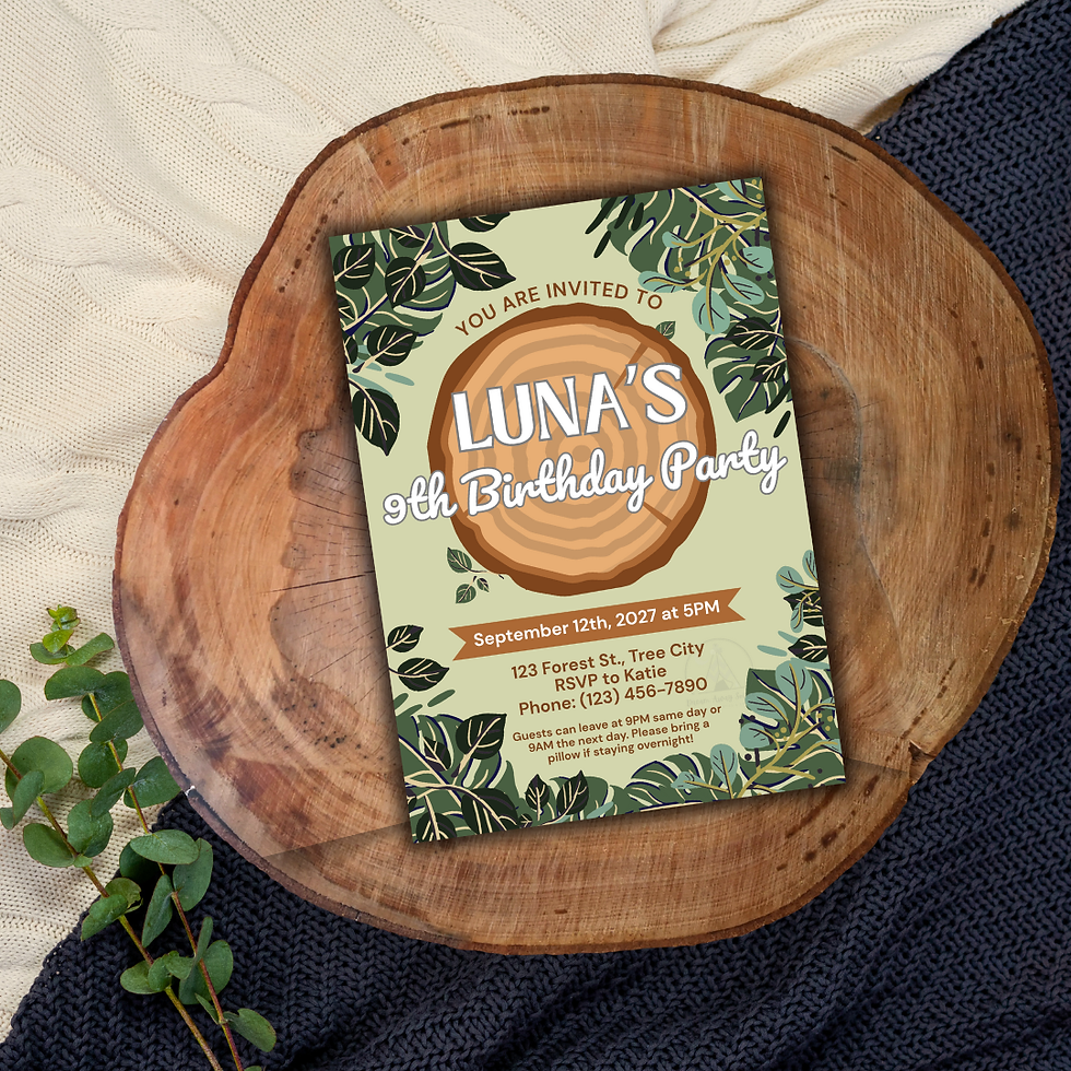Editable Enchanted Forest birthday party invitation with greenery and wood round design, perfect for woodland or nature-theme