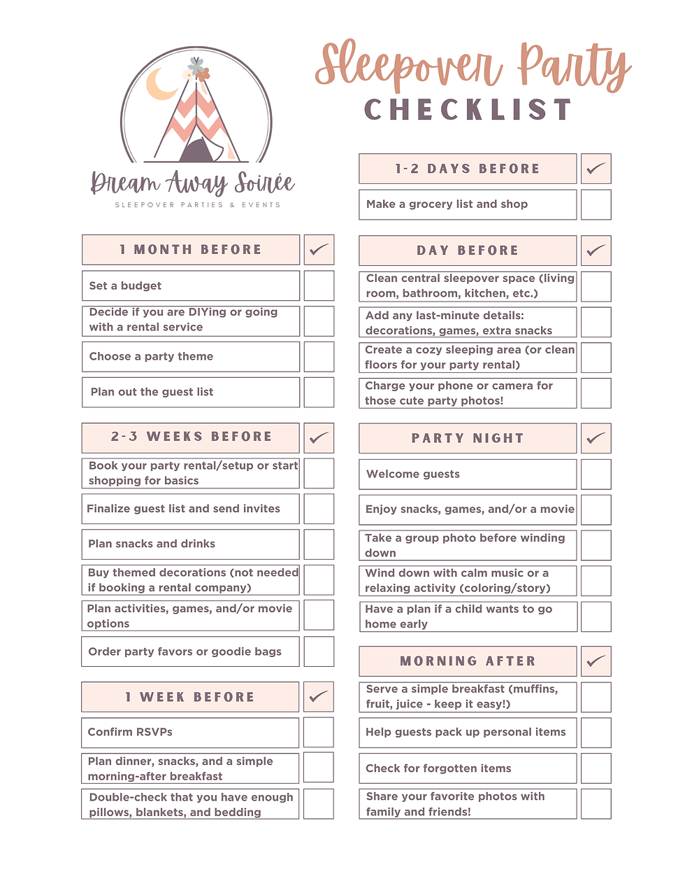 Sleepover party checklist document