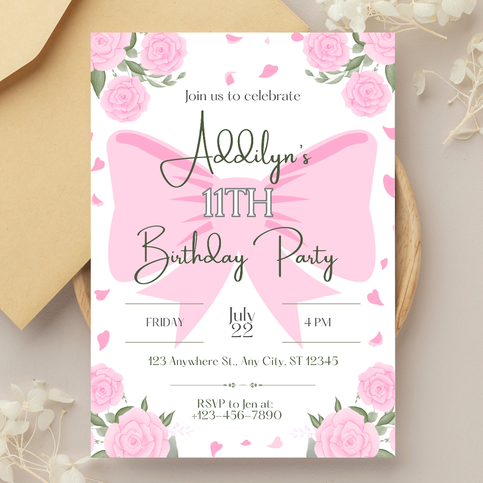 An editable Birthday Party invitation, pink roses, bow