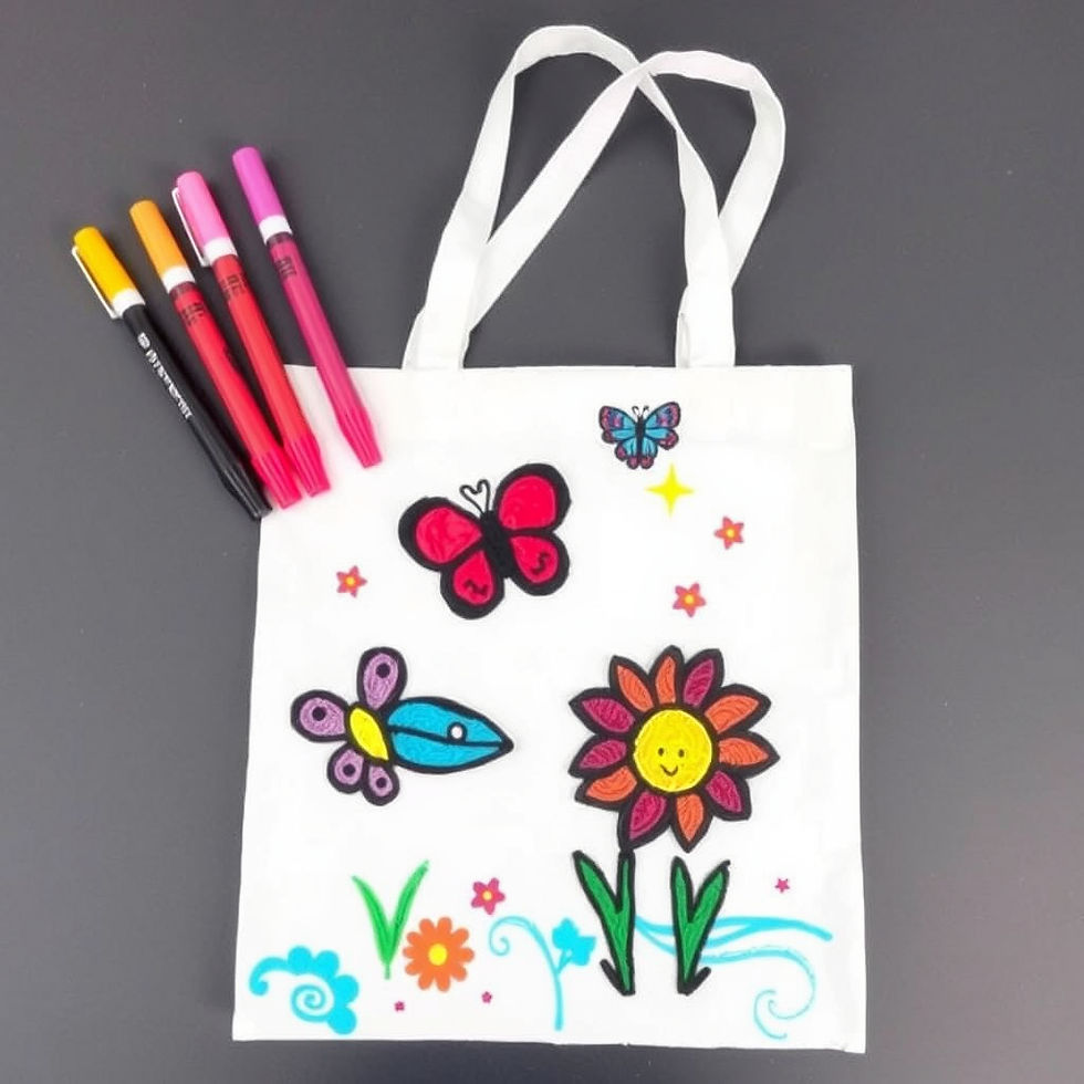 White tote bag with colorful drawings of a butterfly, flower, and smiley face. Five markers lie beside it on a gray background. Showing options for a DIY sleepover party favor.
