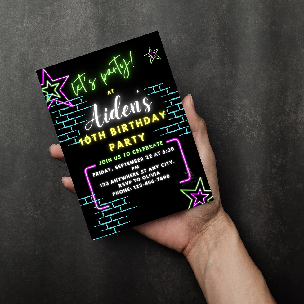 Glow All Night editable party invitation for a 10th birthday
