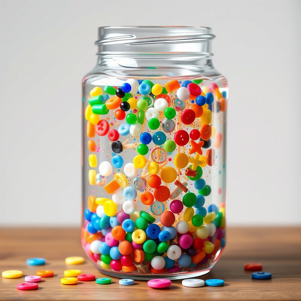 A glass jar filled with colorful buttons and beads sits on a wooden table, with more scattered around, creating a playful, vibrant scene and made by a child at a sleepover party.