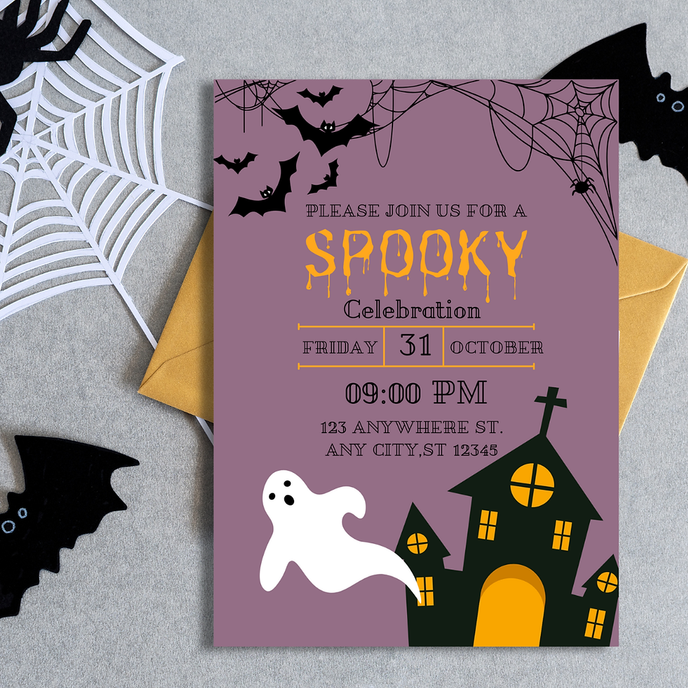 Halloween party invitation with ghost, haunted house