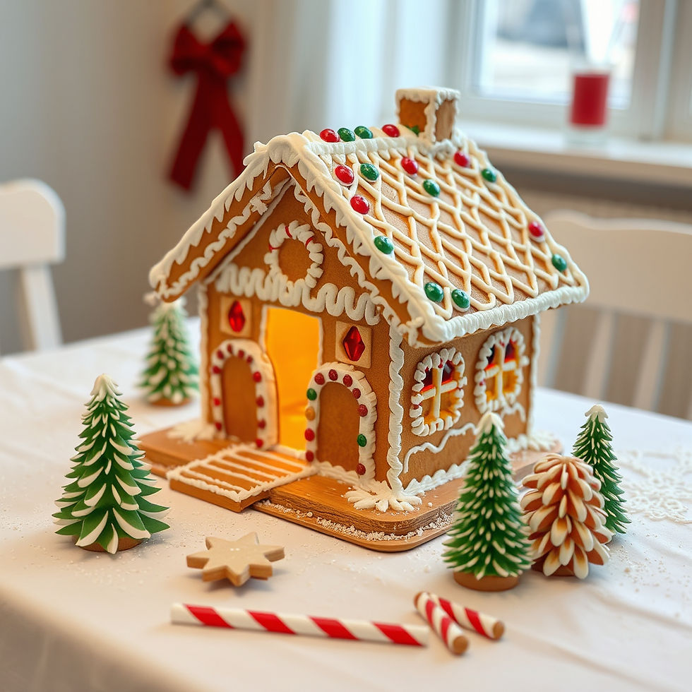 Gingerbread house with icing and candy decor on a white table. Small cookie trees and candy cane nearby. Cozy and festive atmosphere.