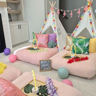 kids tropical sleepover party setup