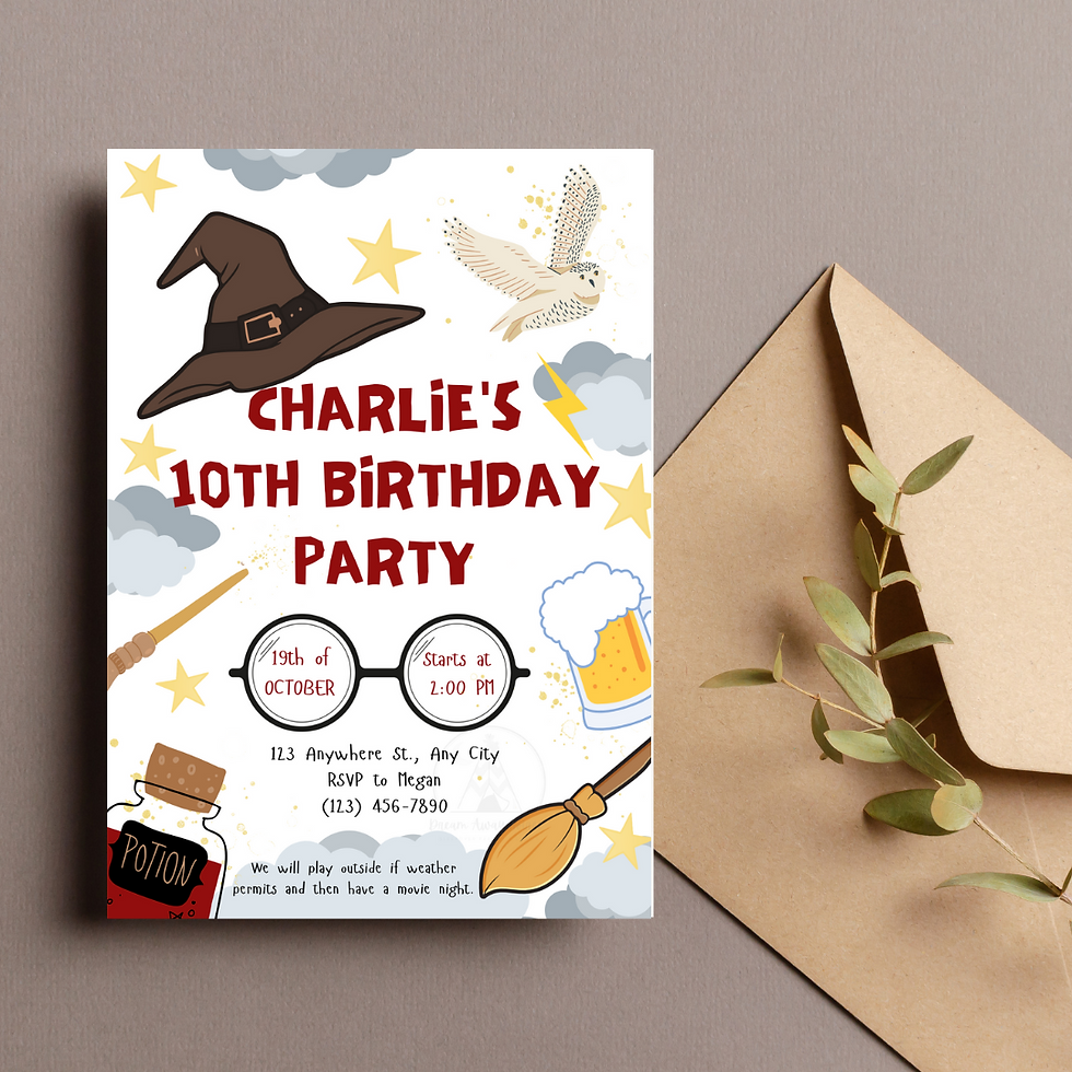 Editable wizard-themed birthday invitation featuring magical and rustic tones, perfect for a Harry Potter-inspired party.
