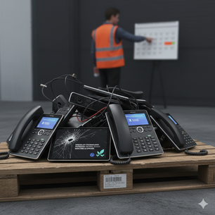 A pile of outdated phones on a pallet with a cracked screen display. A man in an orange vest points at a calendar in a gray room.