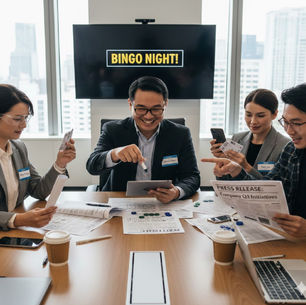 Four people play bingo in an office, smiling. A "Bingo Night!" sign is on the screen behind them. Papers and coffee cups are on the table.