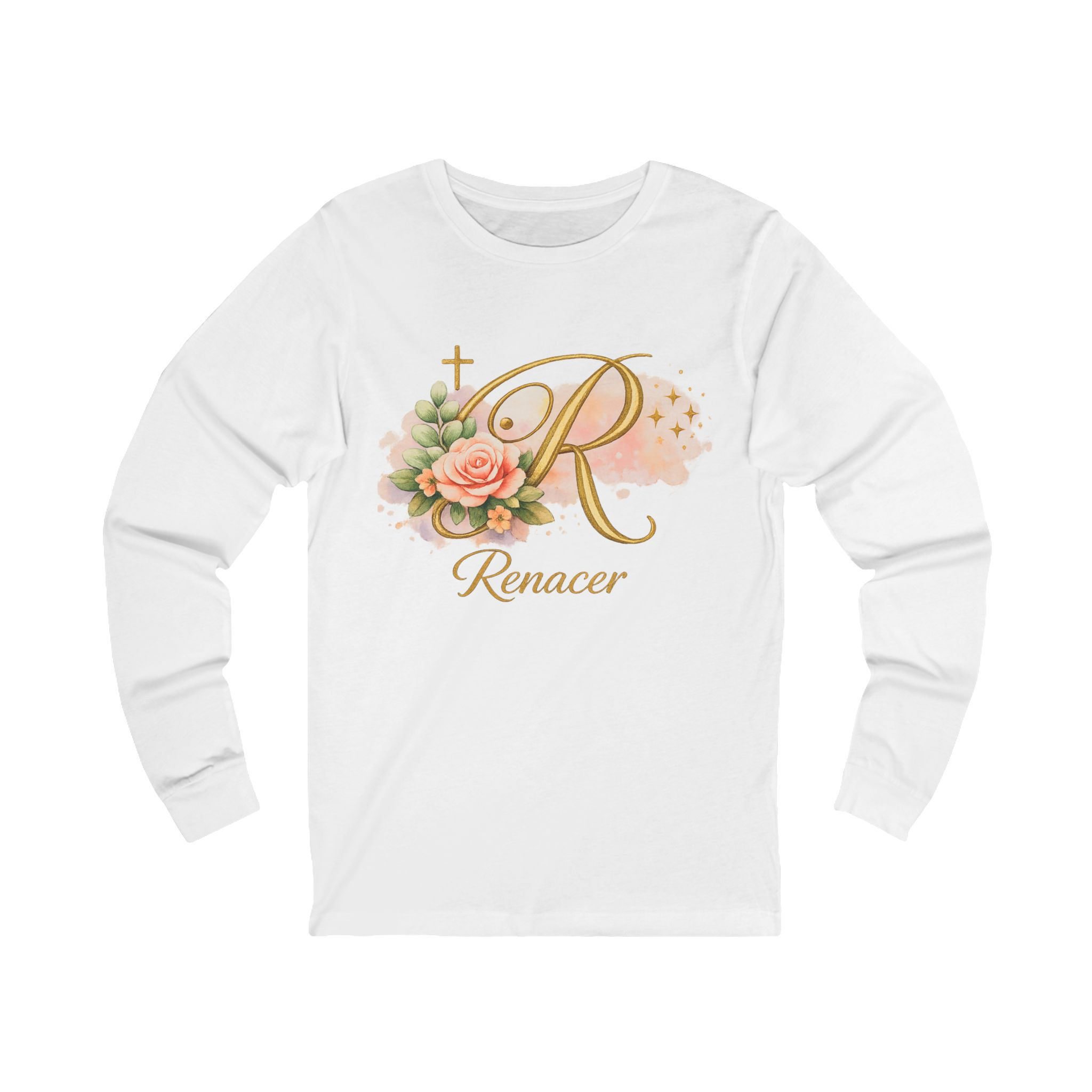 Long Sleeve Tee — 'Renacer' Floral Initial R Religious Resurrection Shirt