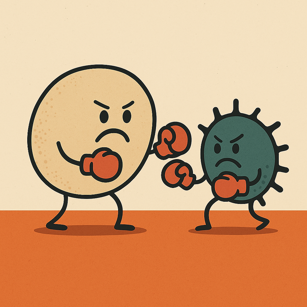 Células saudáveis e defeituosas em uma disputa silenciosa — metáfora sobre como o corpo pode usar sua própria biologia para se proteger do câncer.