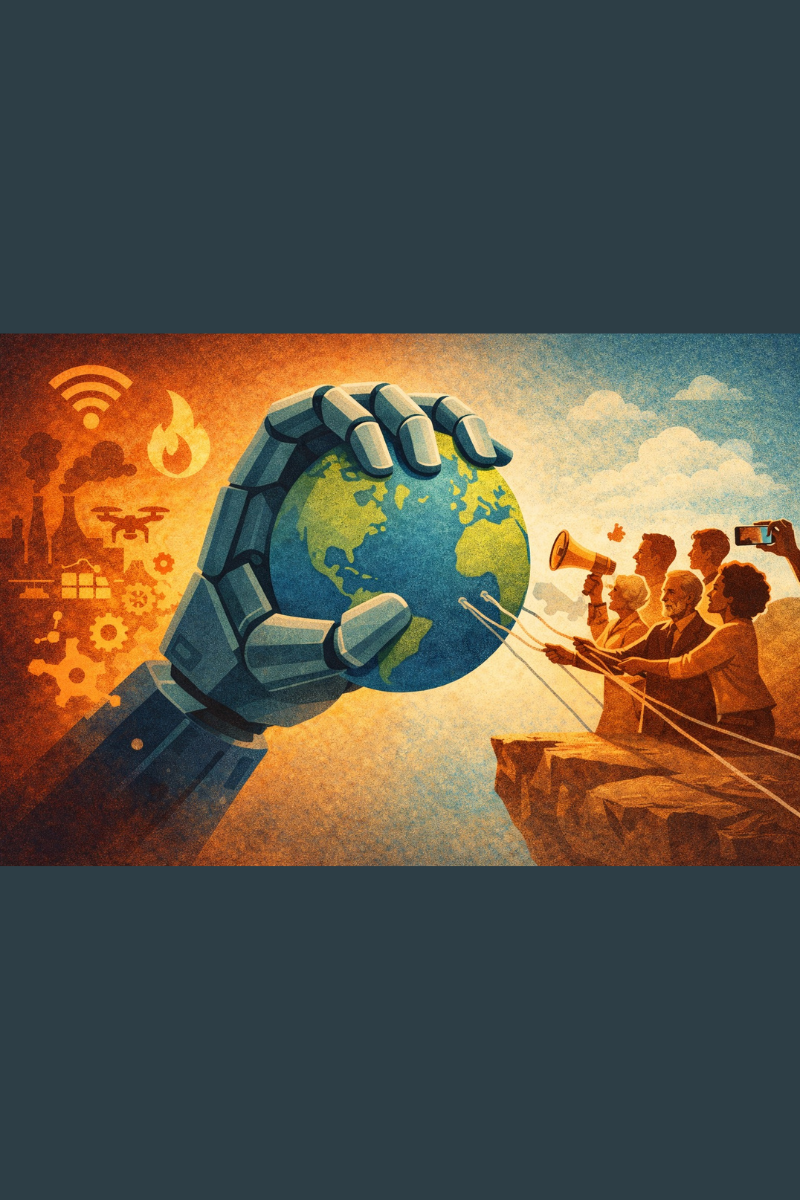 mão robótica segurando o planeta Terra enquanto um grupo de pessoas tenta puxá-lo com cordas, simbolizando o conflito entre ciência, poder tecnológico e pressão social.