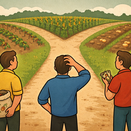 Três homens plantam culturas diferentes em solos distintos, simbolizando diferentes formas de recepção da informação científica pela sociedade.