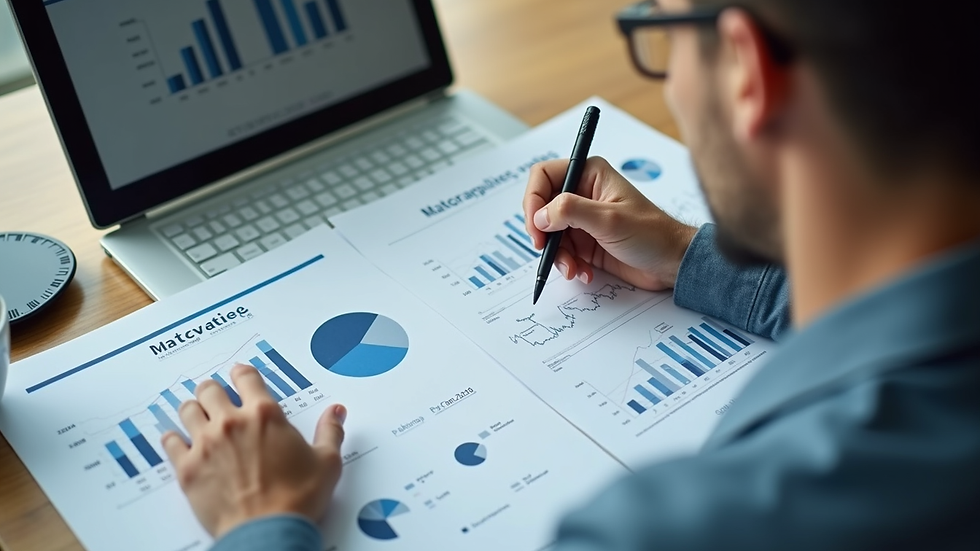 High angle view of a person working on digital marketing strategy with charts and notes