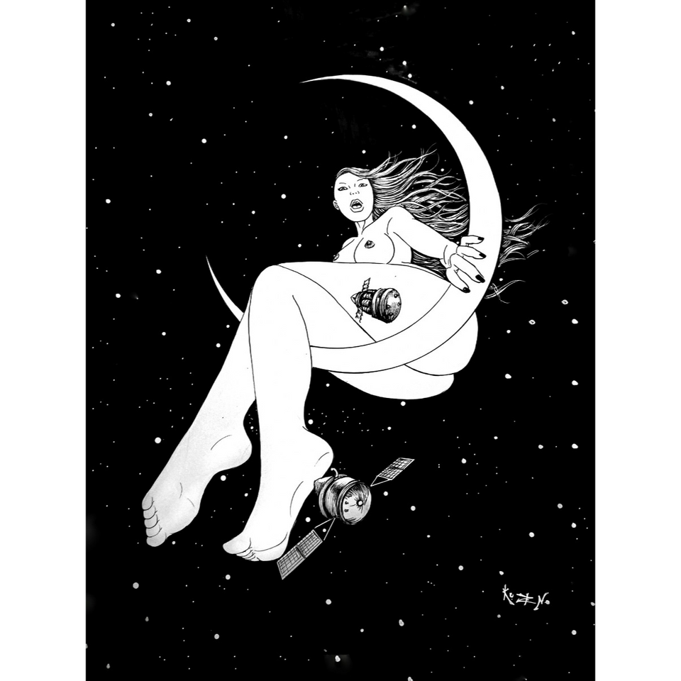 Figura femenina desnuda sentada sobre luna creciente en cielo estrellado composición en blanco y negro