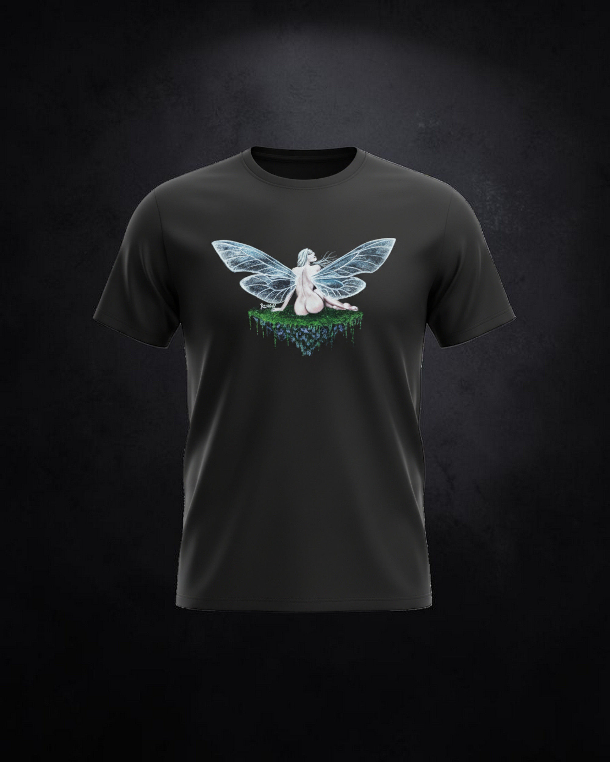 Isla alada camiseta negra pintada a mano con figura alada sobre isla flotante