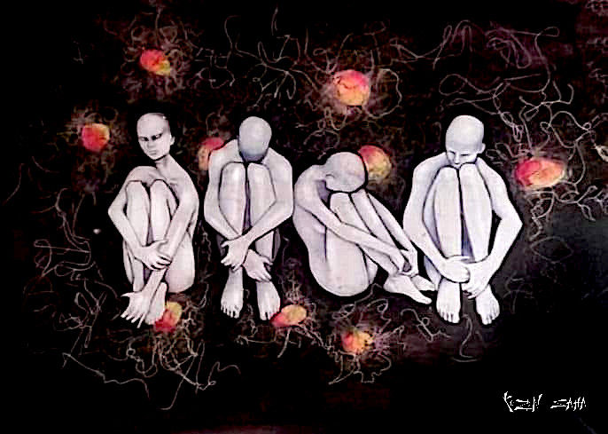 Figuras humanas recogidas en composición introspectiva; ilustración en tinta china, acuarela y rotring inspirada en la ciencia y los procesos invisibles de la vida.

Técnica: Tinta china, acuarela y rotring sobre papel.

Tamaño: A4 (21 × 29,7 cm).

Obra original: Disponible.

Reproducciones: Disponibles en A3 y A4.