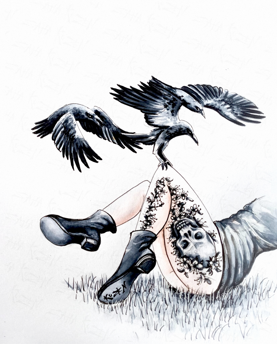 Cráneos y Cuervos — obra original de Kuzen Saha, mujer con tatuajes de cráneos y dos cuervos enfrentados en vuelo