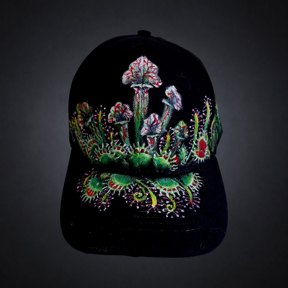 Carnívoras vista de frente, gorra negra pintada a mano con plantas carnívoras y motivos vegetales.