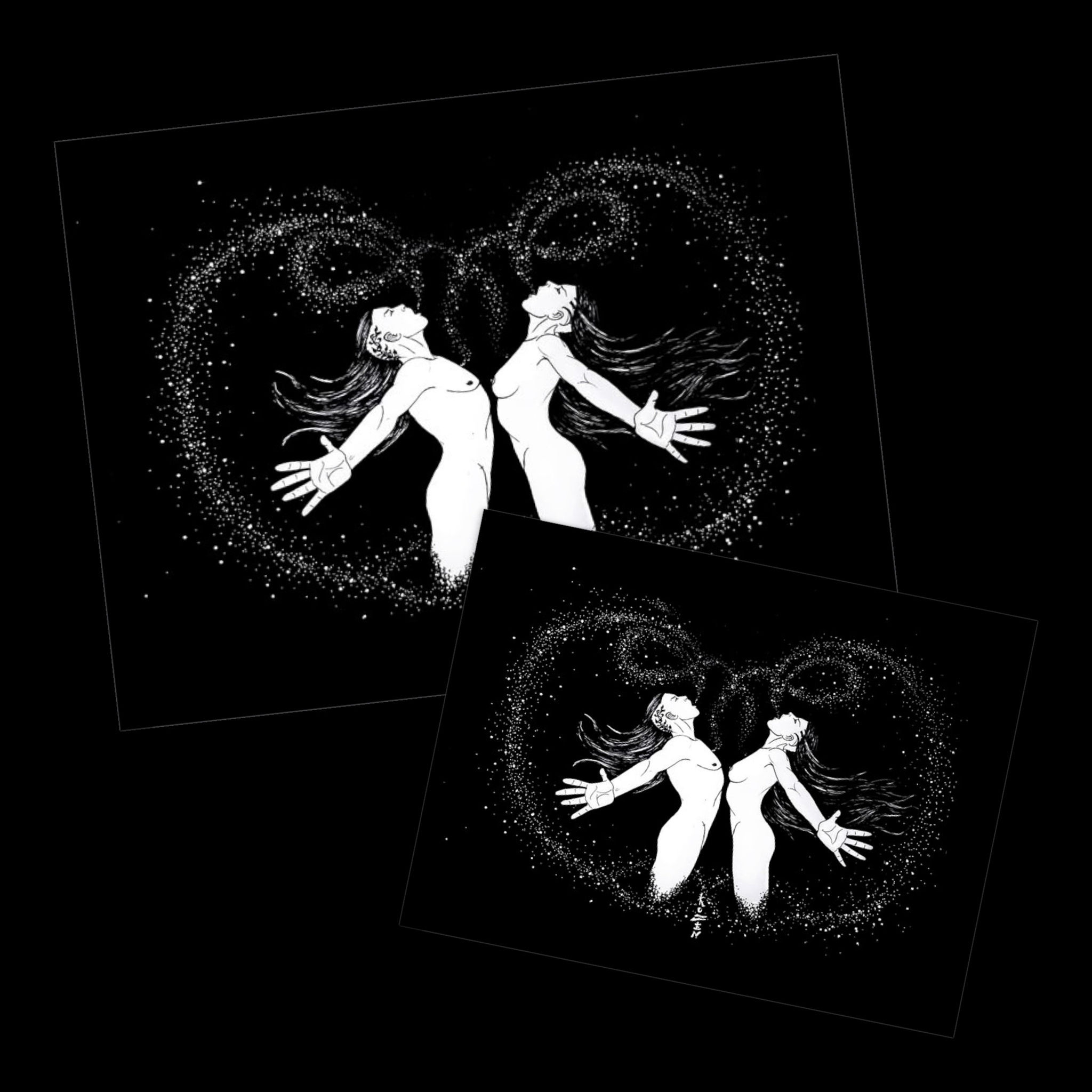 Black Love — Edición limitada de Kuzen Saha, hombre y mujer unidos por estrellas sobre fondo negro cósmico