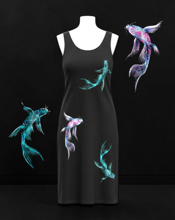 estido negro pintado a mano con peces de colores diseño artístico Kuzen Saha
