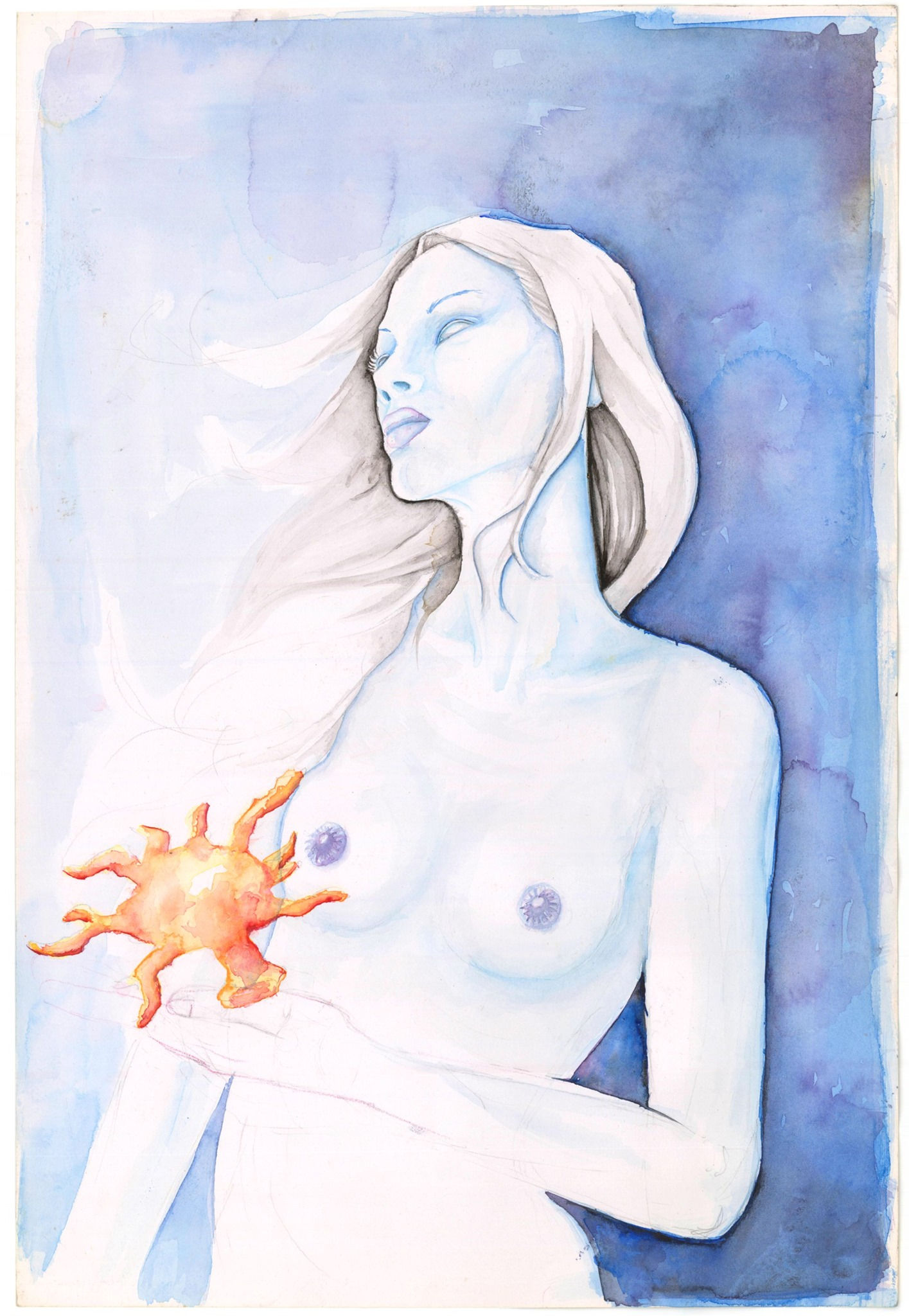 Psinapsis, acuarela sobre papel de 350 g, figura femenina de ojos blancos sosteniendo una neurona, obra original de Kuzen Saha.