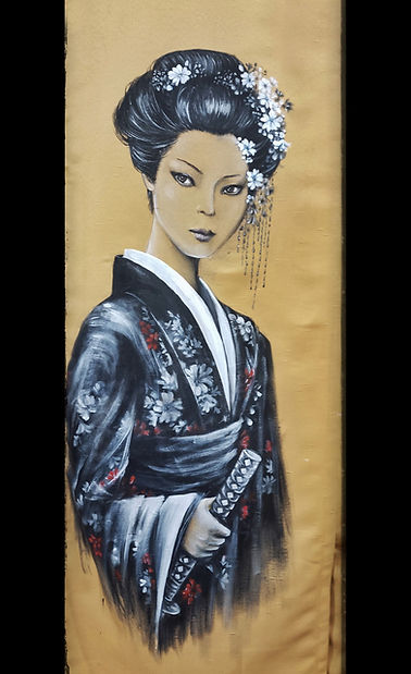 Cortinas para escuela de artes marciales pintadas a mano por Kuzen Saha con geisha por encargo