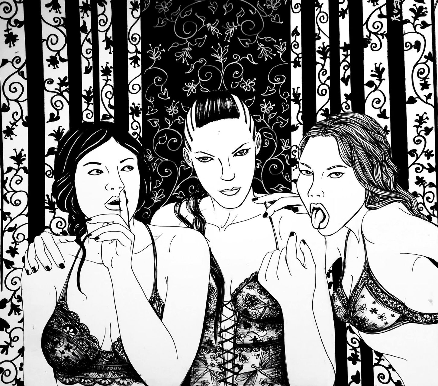 Ilustración original deKuzen Saha a rotring y acrílico de tres figuras femeninas