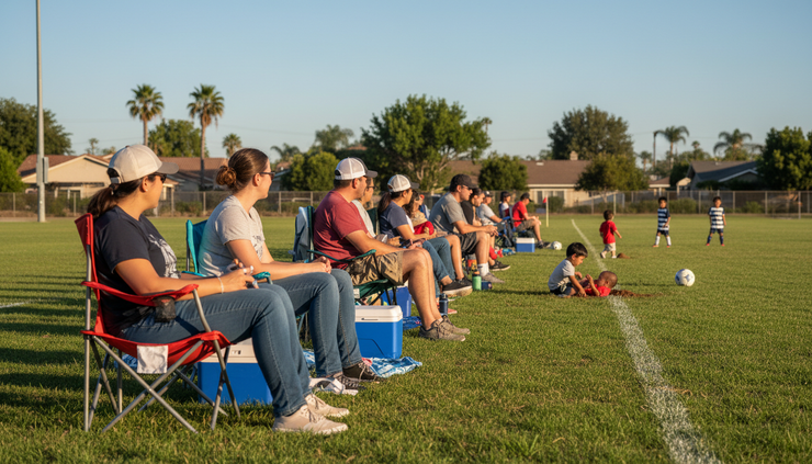 Side view of families watching a youth soccer game from the sideline
