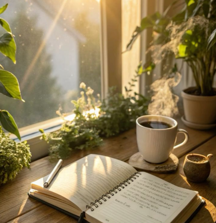 janela com caderno e café na frente