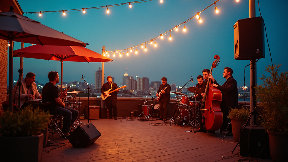 Wide angle view of an outdoor rooftop venue with a live band playing under string lights